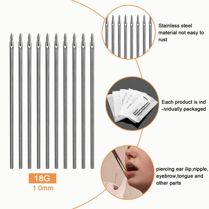 Professional 30-Piece Ear Nose Piercing Needles Kit - 18G Sterile Disposable Stainless Steel Body Piercing Needles with Forceps Clamp
