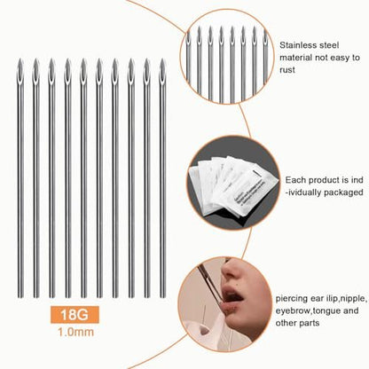 Professional 30-Piece Ear Nose Piercing Needles Kit - 18G Sterile Disposable Stainless Steel Body Piercing Needles with Forceps Clamp