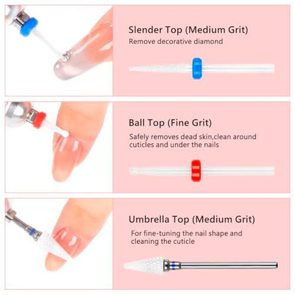 BQAN Ceramic Nail Drill Bits Set 6Pcs - Professional 3/32" Efile Bits for Cuticle Removal, Acrylic & Gel Nails - Manicure Tools for Nail Techs Salon & Home Use
