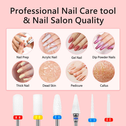 BQAN Ceramic Nail Drill Bits Set 6Pcs - Professional 3/32" Efile Bits for Cuticle Removal, Acrylic & Gel Nails - Manicure Tools for Nail Techs Salon & Home Use