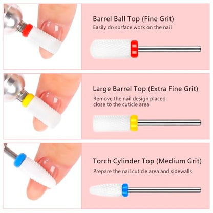 BQAN Ceramic Nail Drill Bits Set 6Pcs - Professional 3/32" Efile Bits for Cuticle Removal, Acrylic & Gel Nails - Manicure Tools for Nail Techs Salon & Home Use