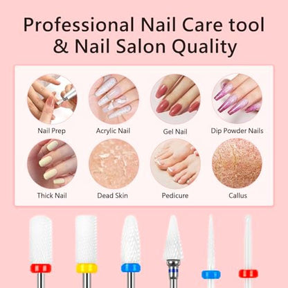 BQAN Ceramic Nail Drill Bits Set 6Pcs - Professional 3/32" Efile Bits for Cuticle Removal, Acrylic & Gel Nails - Manicure Tools for Nail Techs Salon & Home Use