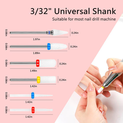 BQAN Ceramic Nail Drill Bits Set 6Pcs - Professional 3/32" Efile Bits for Cuticle Removal, Acrylic & Gel Nails - Manicure Tools for Nail Techs Salon & Home Use
