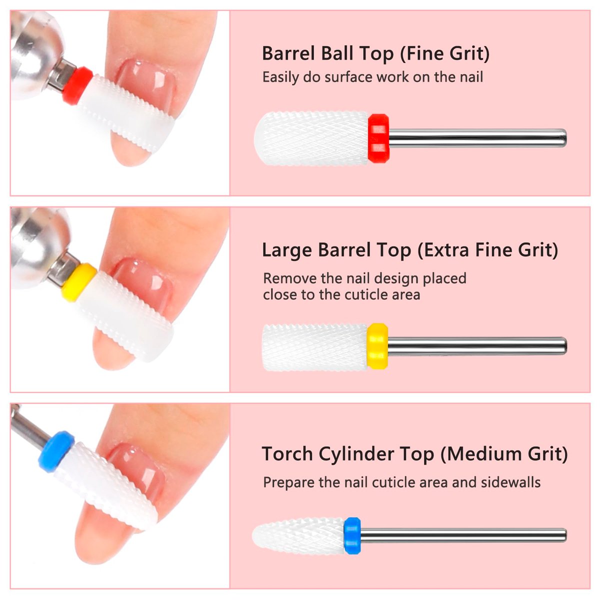 BQAN Ceramic Nail Drill Bits Set 6Pcs - Professional 3/32" Efile Bits for Cuticle Removal, Acrylic & Gel Nails - Manicure Tools for Nail Techs Salon & Home Use - görsel 5