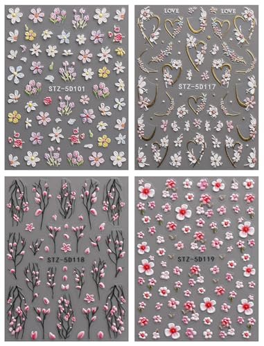 3D Embossed Flower Nail Art Stickers - Self-Adhesive 5D Floral Decals for Spring & Summer Nail Design (4 Sheets) - görsel 4