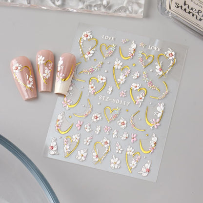 3D Embossed Flower Nail Art Stickers - Self-Adhesive 5D Floral Decals for Spring & Summer Nail Design (4 Sheets)
