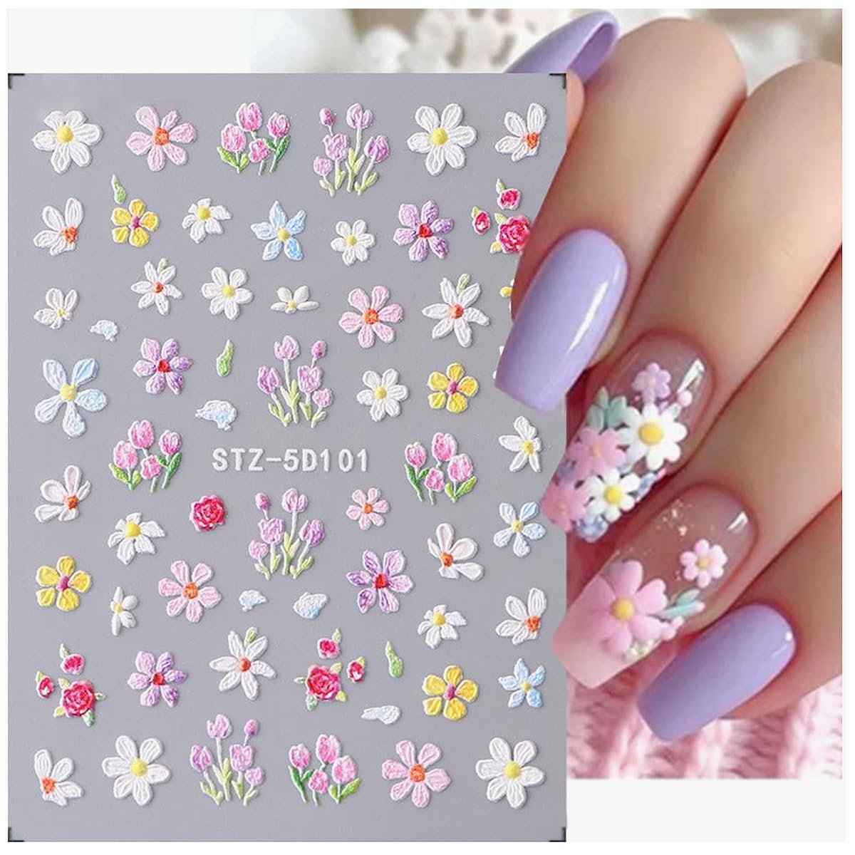 3D Embossed Flower Nail Art Stickers - Self-Adhesive 5D Floral Decals for Spring & Summer Nail Design (4 Sheets) - görsel 5