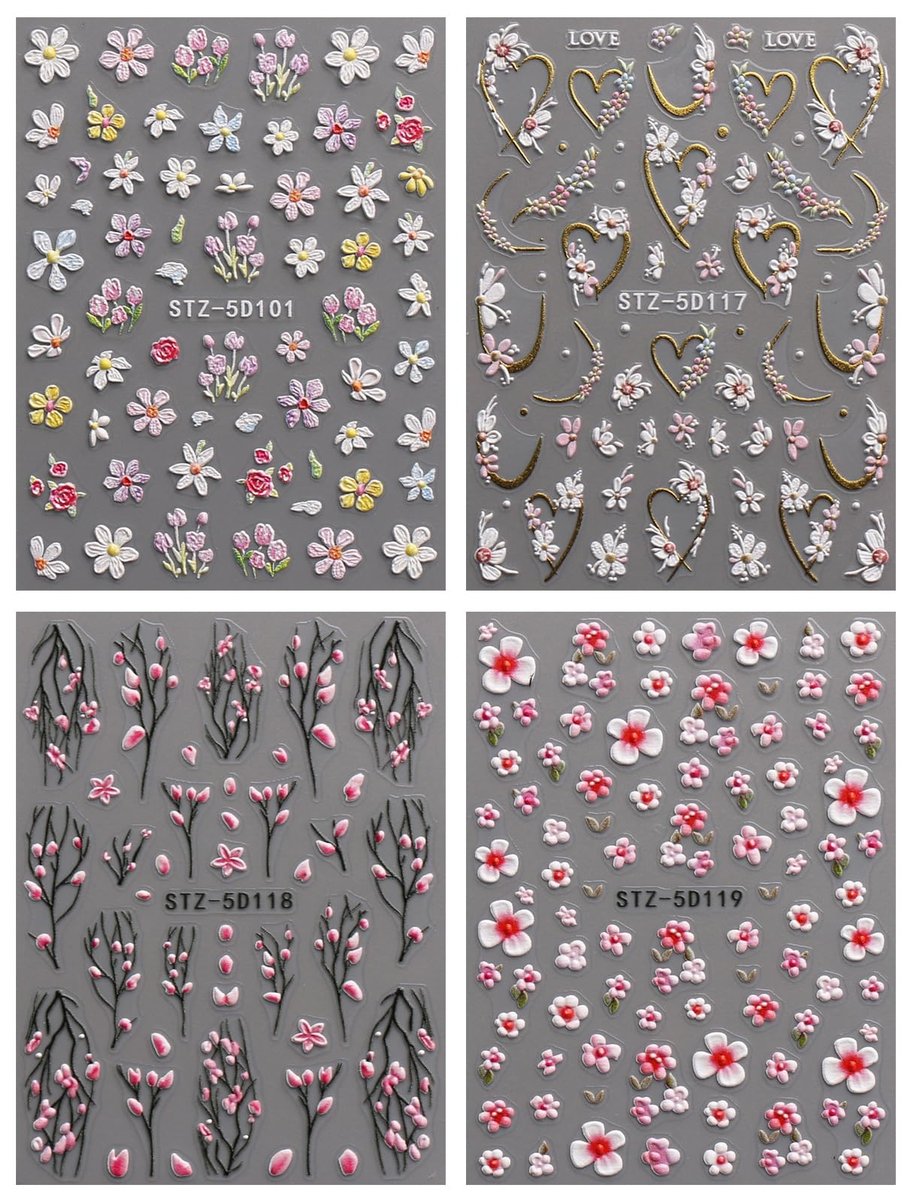 3D Embossed Flower Nail Art Stickers - Self-Adhesive 5D Floral Decals for Spring & Summer Nail Design (4 Sheets) - görsel 3