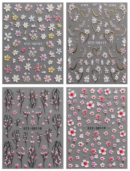 3D Embossed Flower Nail Art Stickers - Self-Adhesive 5D Floral Decals for Spring & Summer Nail Design (4 Sheets)