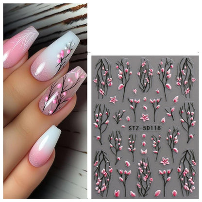 3D Embossed Flower Nail Art Stickers - Self-Adhesive 5D Floral Decals for Spring & Summer Nail Design (4 Sheets)