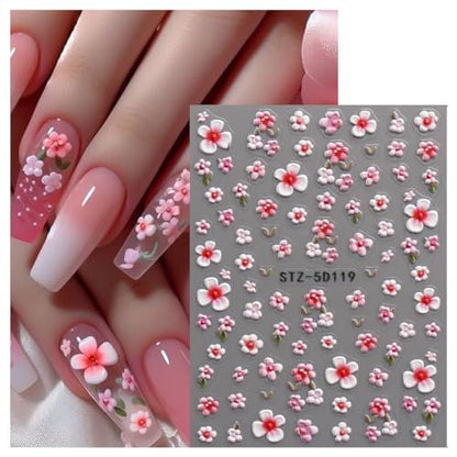 3D Embossed Flower Nail Art Stickers - Self-Adhesive 5D Floral Decals for Spring & Summer Nail Design (4 Sheets)
