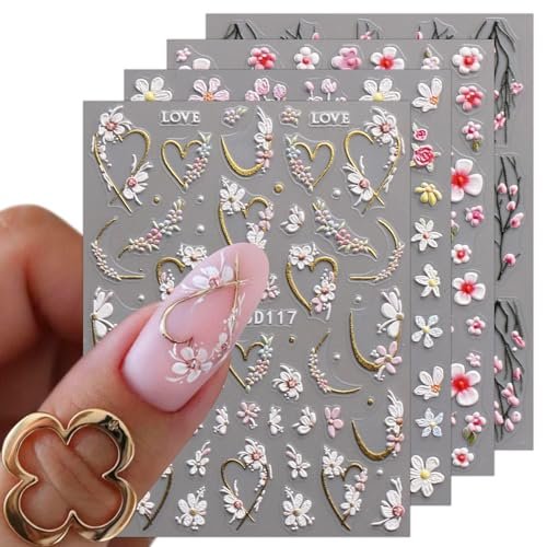 3D Embossed Flower Nail Art Stickers - Self-Adhesive 5D Floral Decals for Spring & Summer Nail Design (4 Sheets) - görsel 2