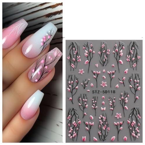 3D Embossed Flower Nail Art Stickers - Self-Adhesive 5D Floral Decals for Spring & Summer Nail Design (4 Sheets) - görsel 10