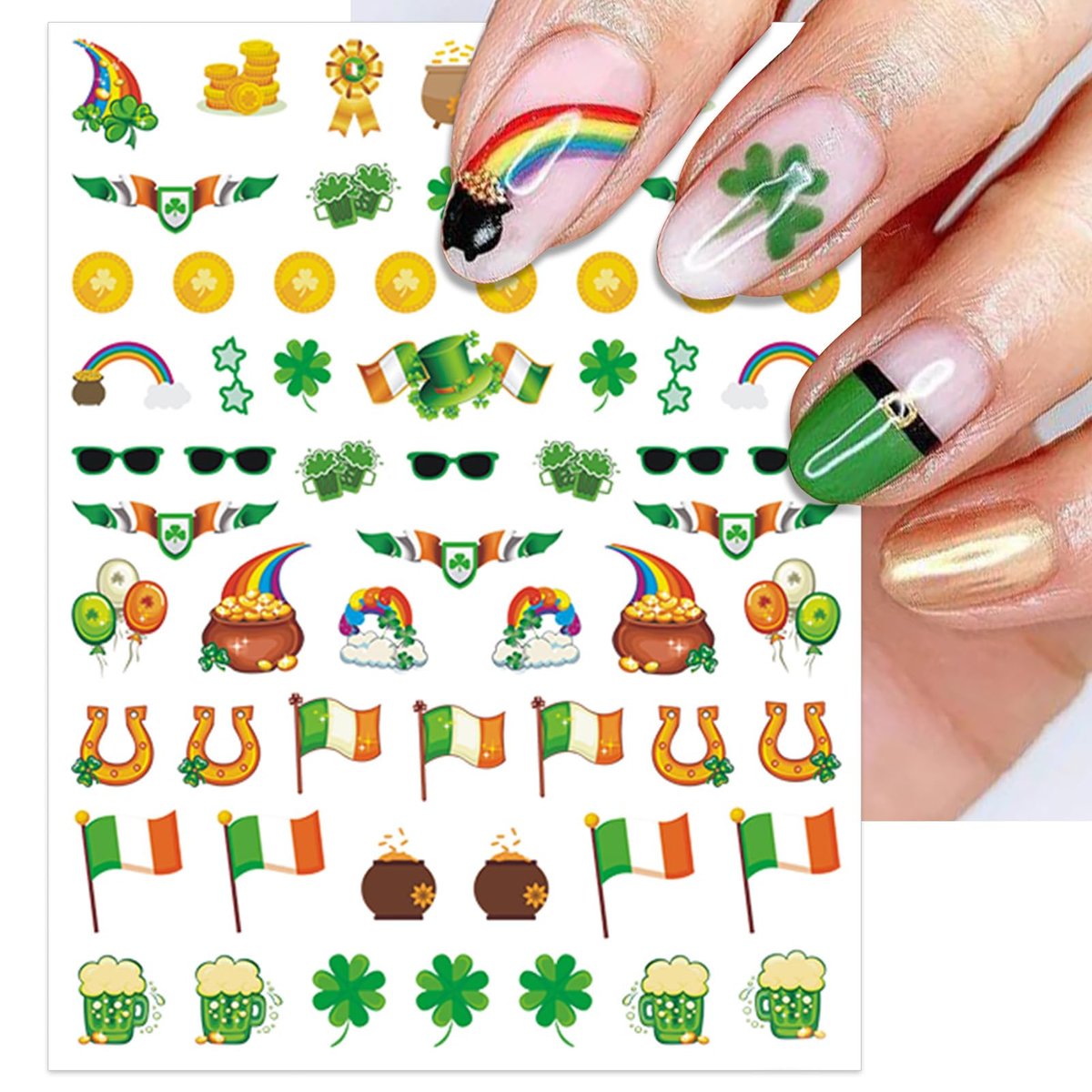 IDDFEVE St. Patrick's Day Nail Art Stickers - Irish Shamrock Leprechaun Hat 3D Self-Adhesive Nail Decals Lucky Clover Design (7 Sheets) - görsel 7