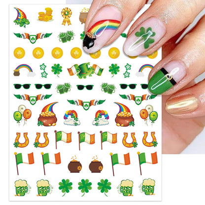 IDDFEVE St. Patrick's Day Nail Art Stickers - Irish Shamrock Leprechaun Hat 3D Self-Adhesive Nail Decals Lucky Clover Design (7 Sheets)