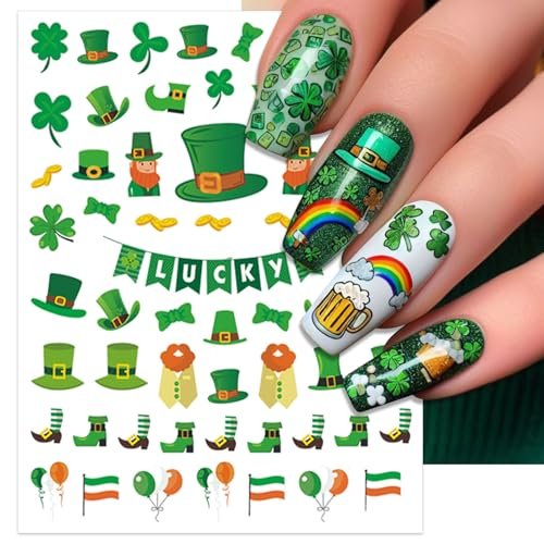 IDDFEVE St. Patrick's Day Nail Art Stickers - Irish Shamrock Leprechaun Hat 3D Self-Adhesive Nail Decals Lucky Clover Design (7 Sheets) - görsel 6
