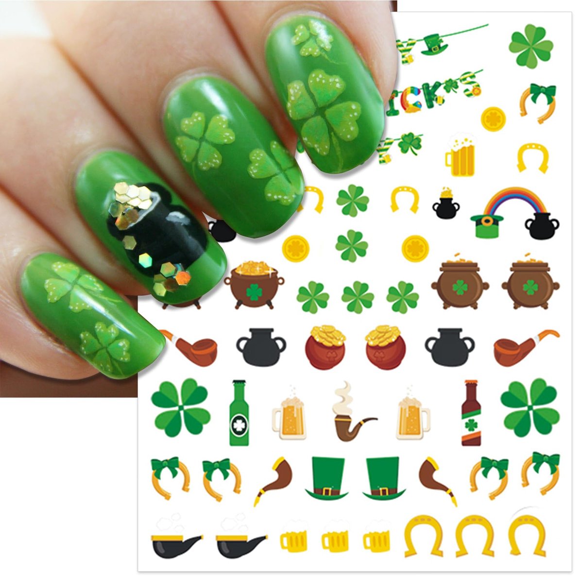 IDDFEVE St. Patrick's Day Nail Art Stickers - Irish Shamrock Leprechaun Hat 3D Self-Adhesive Nail Decals Lucky Clover Design (7 Sheets) - görsel 3