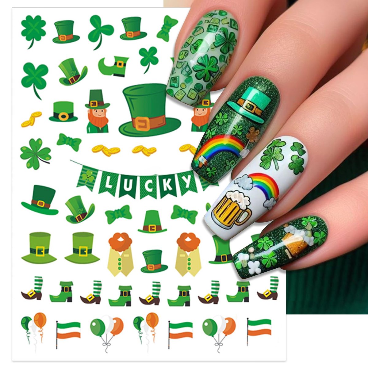 IDDFEVE St. Patrick's Day Nail Art Stickers - Irish Shamrock Leprechaun Hat 3D Self-Adhesive Nail Decals Lucky Clover Design (7 Sheets) - görsel 5