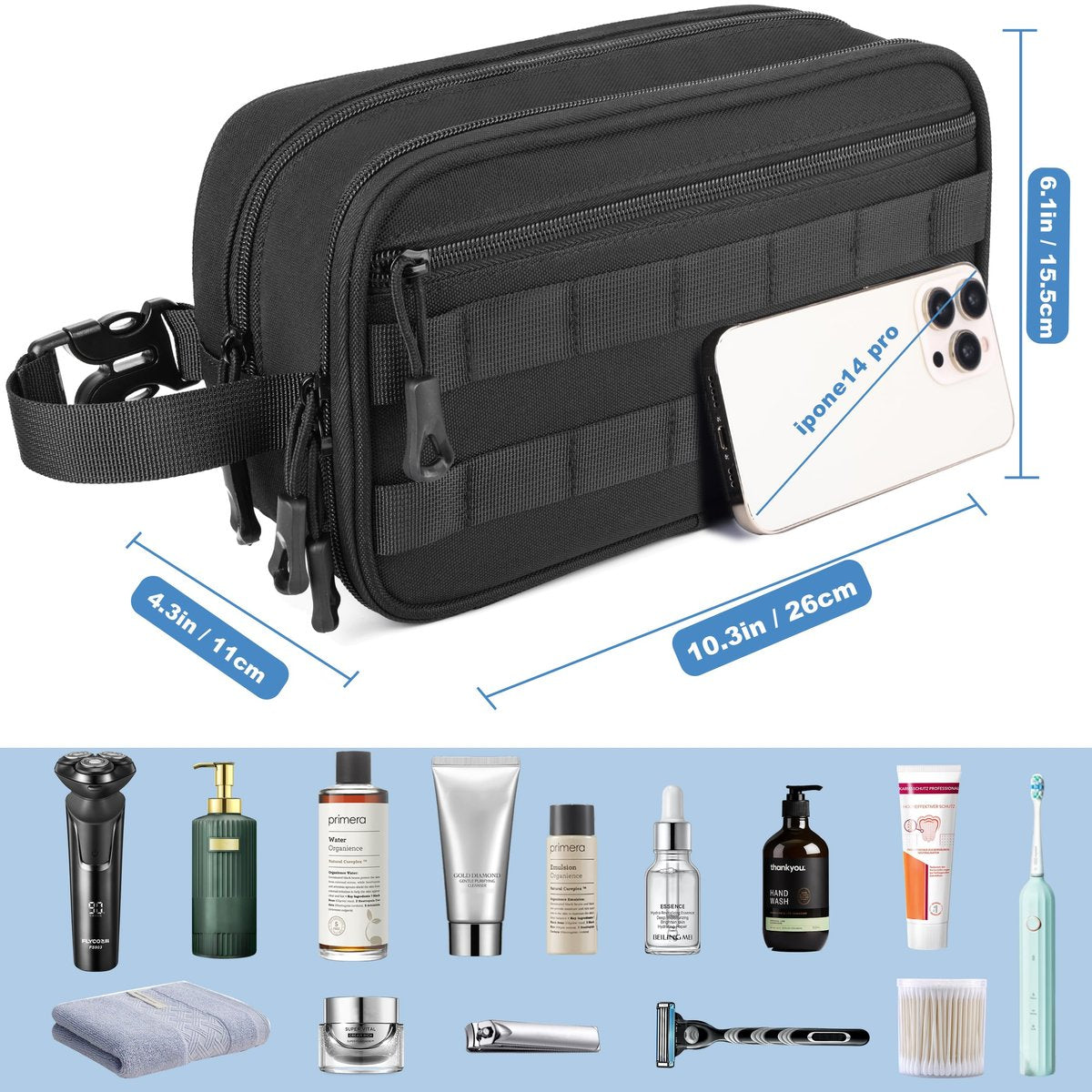 HILOMON Men's Toiletry Bag - Tactical Inspired Hygiene Shaving Bath Shower Grooming Toiletries Bag for Men, Water-Resistant Travel Dop Kit (Black, 10.3"x6.1"x4.3") - görsel 9