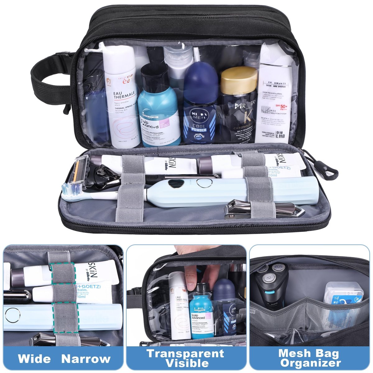 HILOMON Men's Toiletry Bag - Tactical Inspired Hygiene Shaving Bath Shower Grooming Toiletries Bag for Men, Water-Resistant Travel Dop Kit (Black, 10.3"x6.1"x4.3") - görsel 3