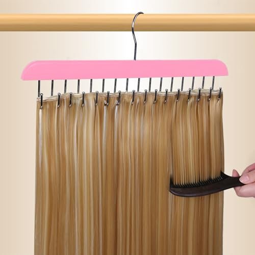 Pink Hair Extension Holder & Hanger for Clip Ins - Weft Organizer Stand for Washing & Styling - Storage Rack Display Stand Accessories for Extensions (16 Inch) - görsel 14
