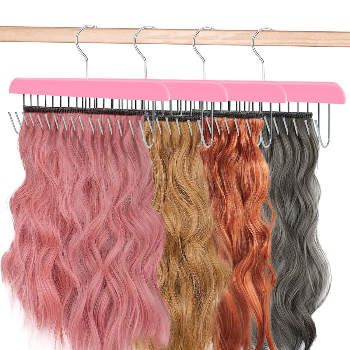 Pink Hair Extension Holder & Hanger for Clip Ins - Weft Organizer Stand for Washing & Styling - Storage Rack Display Stand Accessories for Extensions (16 Inch) - görsel 7