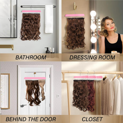 Pink Hair Extension Holder & Hanger for Clip Ins - Weft Organizer Stand for Washing & Styling - Storage Rack Display Stand Accessories for Extensions (16 Inch)