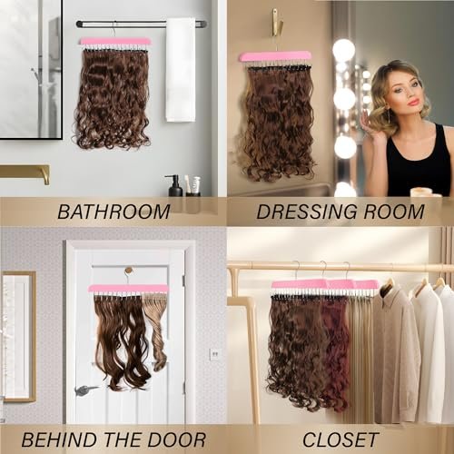 Pink Hair Extension Holder & Hanger for Clip Ins - Weft Organizer Stand for Washing & Styling - Storage Rack Display Stand Accessories for Extensions (16 Inch) - görsel 10