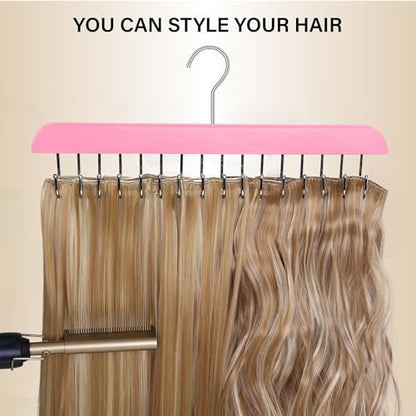 Pink Hair Extension Holder & Hanger for Clip Ins - Weft Organizer Stand for Washing & Styling - Storage Rack Display Stand Accessories for Extensions (16 Inch)