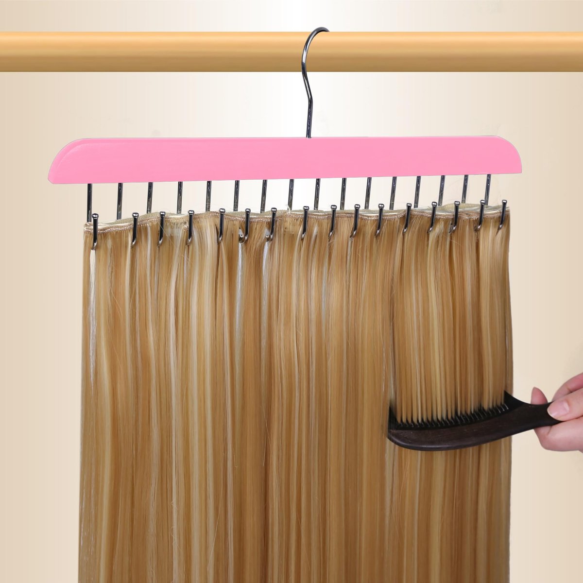 Pink Hair Extension Holder & Hanger for Clip Ins - Weft Organizer Stand for Washing & Styling - Storage Rack Display Stand Accessories for Extensions (16 Inch) - görsel 13