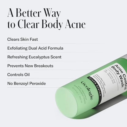 Geologie Acne Control Body Wash - Fresh Eucalyptus - 2% Salicylic Acid + 1.5% Glycolic Acid for Body Acne - For Men & Women - 8.4 oz