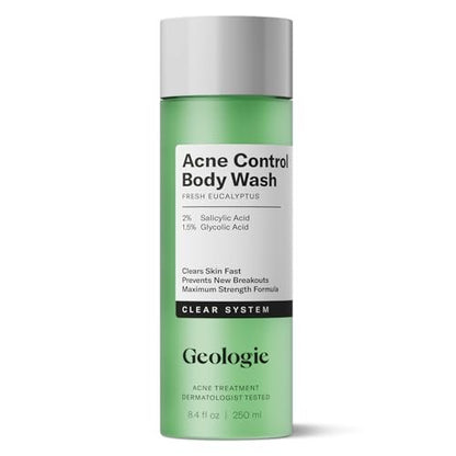Geologie Acne Control Body Wash - Fresh Eucalyptus - 2% Salicylic Acid + 1.5% Glycolic Acid for Body Acne - For Men & Women - 8.4 oz