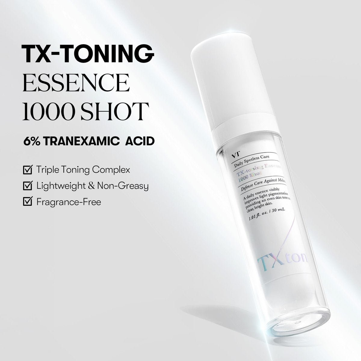 VT COSMETICS TX Toning Essence 1000 Shot - Tranexamic Acid Serum with Niacinamide & Glutathione for Radiant Glass Skin, Dark Spots, Sun Spots, Age Spots, Acne Scars - Korean Skin Care (1.01 fl. oz.) Avelisse