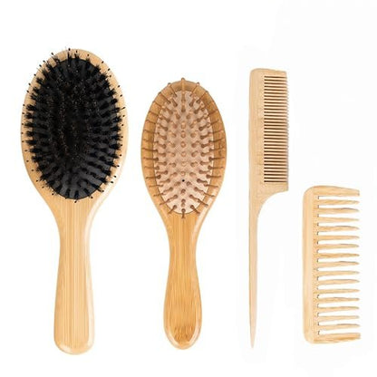 4 PCS Bamboo Hair Brushes Set – Boar Bristle & Detangling Combs for All Hair Types