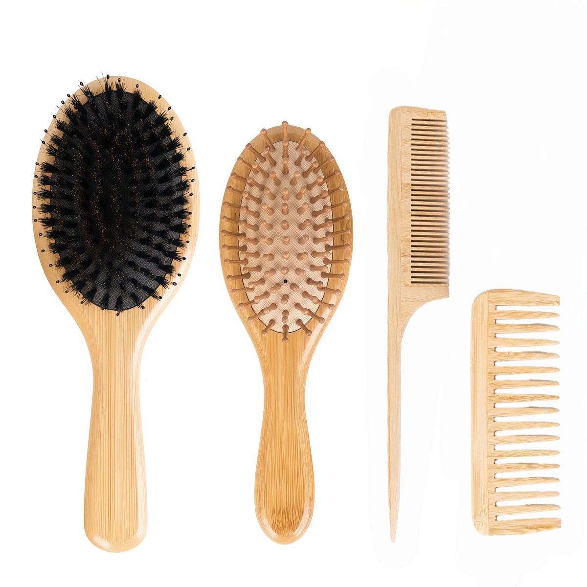 4 PCS Bamboo Hair Brushes Set – Boar Bristle & Detangling Combs for All Hair Types - görsel 1