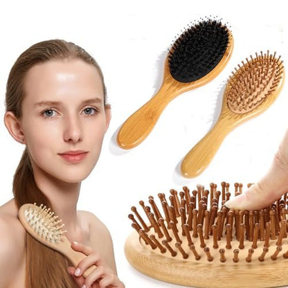 4 PCS Bamboo Hair Brushes Set – Boar Bristle & Detangling Combs for All Hair Types