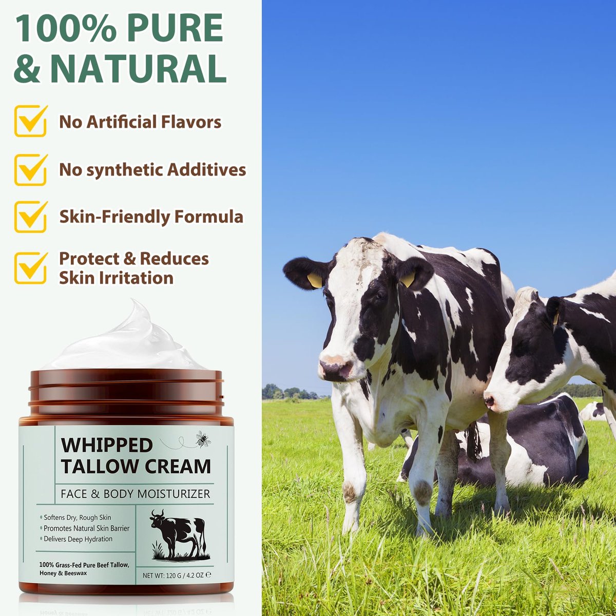 WHLH & WELL-BEING Beef Tallow for Skin, Beef Tallow and Honey Balm - All-Natural Moisturizer for Face & Body, 4.2 Fl Oz Avelisse