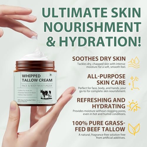WHLH & WELL-BEING Beef Tallow for Skin, Beef Tallow and Honey Balm - All-Natural Moisturizer for Face & Body, 4.2 Fl Oz Avelisse