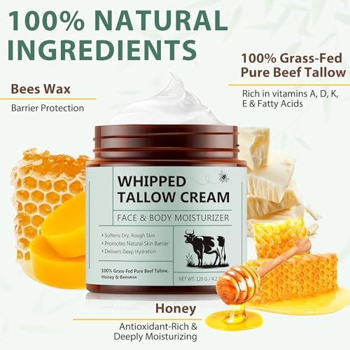 WHLH & WELL-BEING Beef Tallow for Skin, Beef Tallow and Honey Balm - All-Natural Moisturizer for Face & Body, 4.2 Fl Oz Avelisse