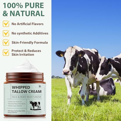 WHLH & WELL-BEING Beef Tallow for Skin, Beef Tallow and Honey Balm - All-Natural Moisturizer for Face & Body, 4.2 Fl Oz Avelisse