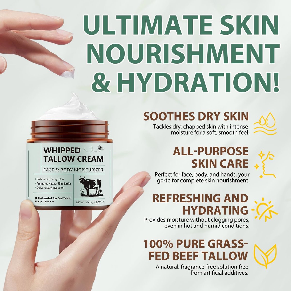 WHLH & WELL-BEING Beef Tallow for Skin, Beef Tallow and Honey Balm - All-Natural Moisturizer for Face & Body, 4.2 Fl Oz Avelisse