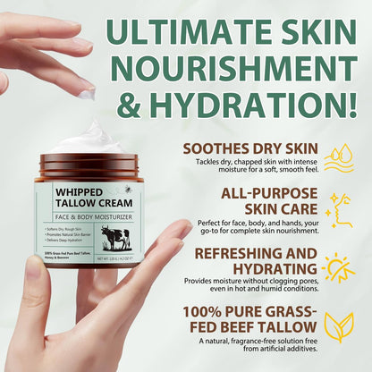 WHLH & WELL-BEING Beef Tallow for Skin, Beef Tallow and Honey Balm - All-Natural Moisturizer for Face & Body, 4.2 Fl Oz Avelisse