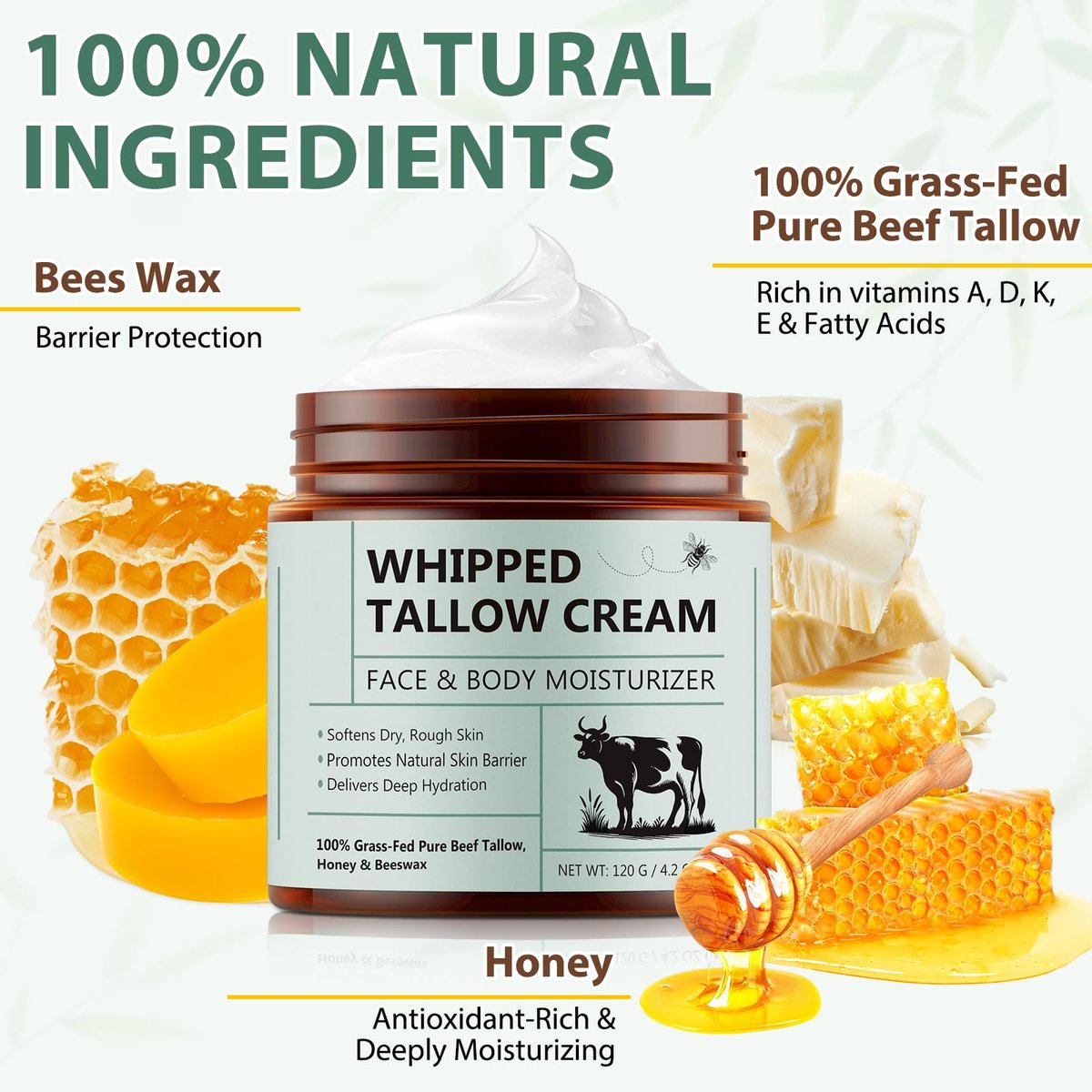 WHLH & WELL-BEING Beef Tallow for Skin, Beef Tallow and Honey Balm - All-Natural Moisturizer for Face & Body, 4.2 Fl Oz Avelisse
