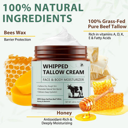 WHLH & WELL-BEING Beef Tallow for Skin, Beef Tallow and Honey Balm - All-Natural Moisturizer for Face & Body, 4.2 Fl Oz Avelisse