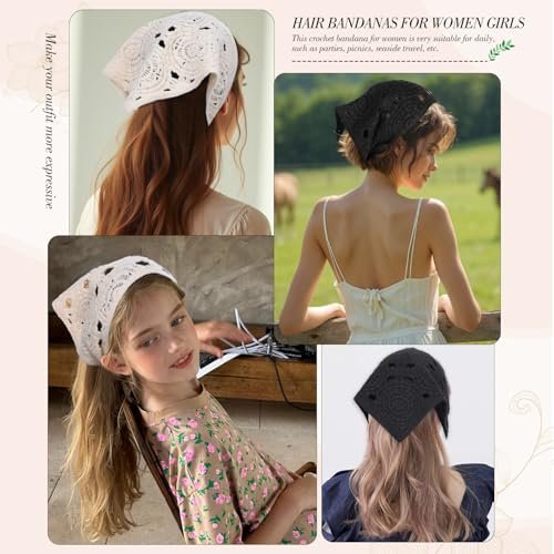 obeoby 4 Pack Crochet Bandanas Headscarf for Spring and Summer, Vintage Floral Hair Bandanas Headband for Music Festival Outfits Girls with Hair Pins - görsel 11