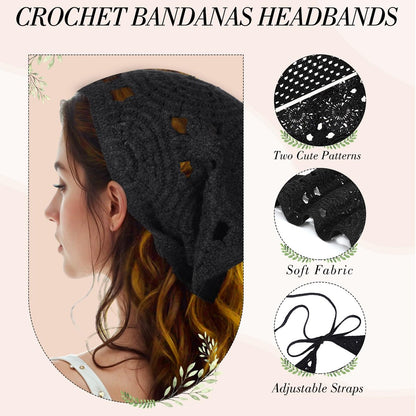 obeoby 4 Pack Crochet Bandanas Headscarf for Spring and Summer, Vintage Floral Hair Bandanas Headband for Music Festival Outfits Girls with Hair Pins