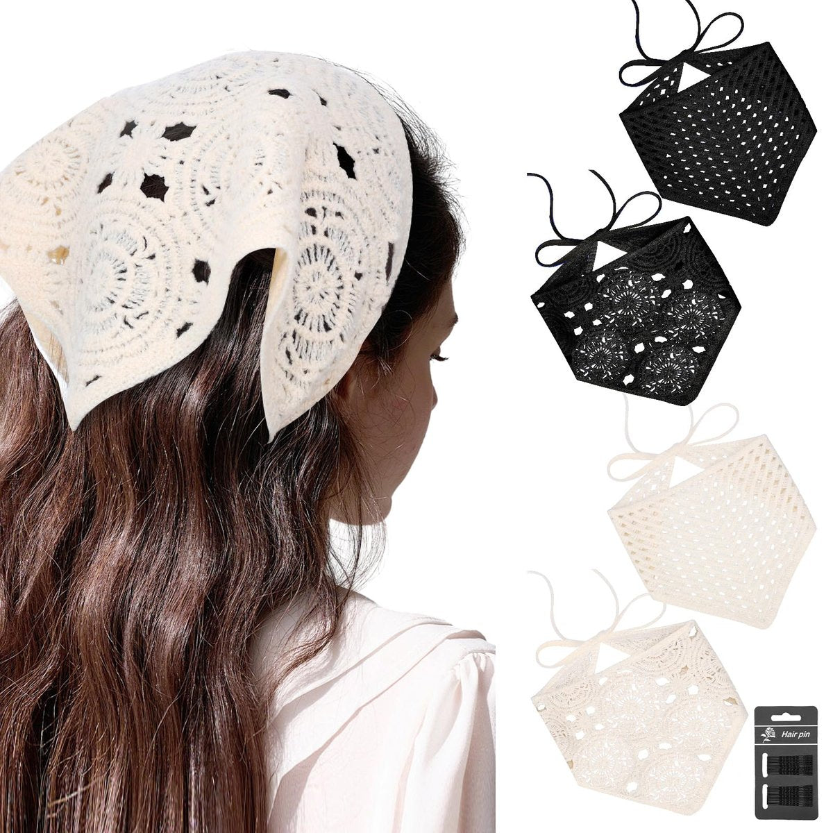 obeoby 4 Pack Crochet Bandanas Headscarf for Spring and Summer, Vintage Floral Hair Bandanas Headband for Music Festival Outfits Girls with Hair Pins - görsel 2