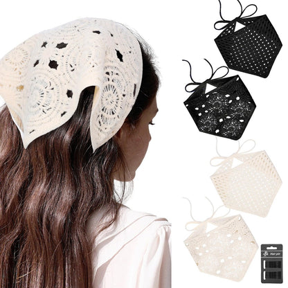 obeoby 4 Pack Crochet Bandanas Headscarf for Spring and Summer, Vintage Floral Hair Bandanas Headband for Music Festival Outfits Girls with Hair Pins