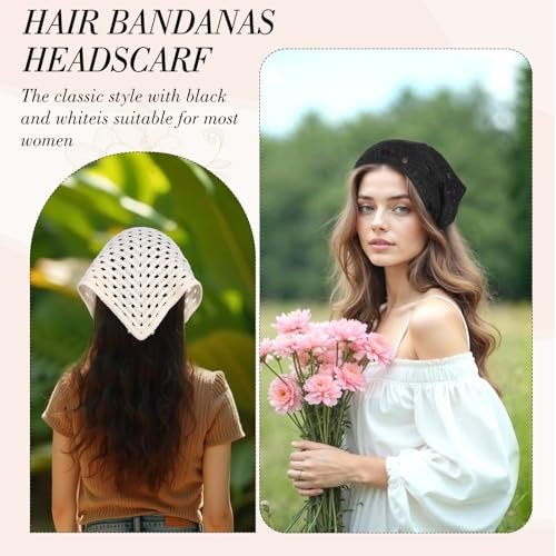 obeoby 4 Pack Crochet Bandanas Headscarf for Spring and Summer, Vintage Floral Hair Bandanas Headband for Music Festival Outfits Girls with Hair Pins - görsel 7