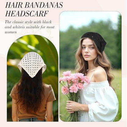 obeoby 4 Pack Crochet Bandanas Headscarf for Spring and Summer, Vintage Floral Hair Bandanas Headband for Music Festival Outfits Girls with Hair Pins